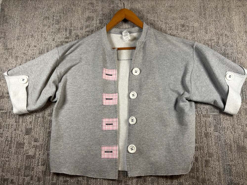 Gildan Gray Sweatshirt Cardigan with Pink Plaid Patches and Large Buttons 239